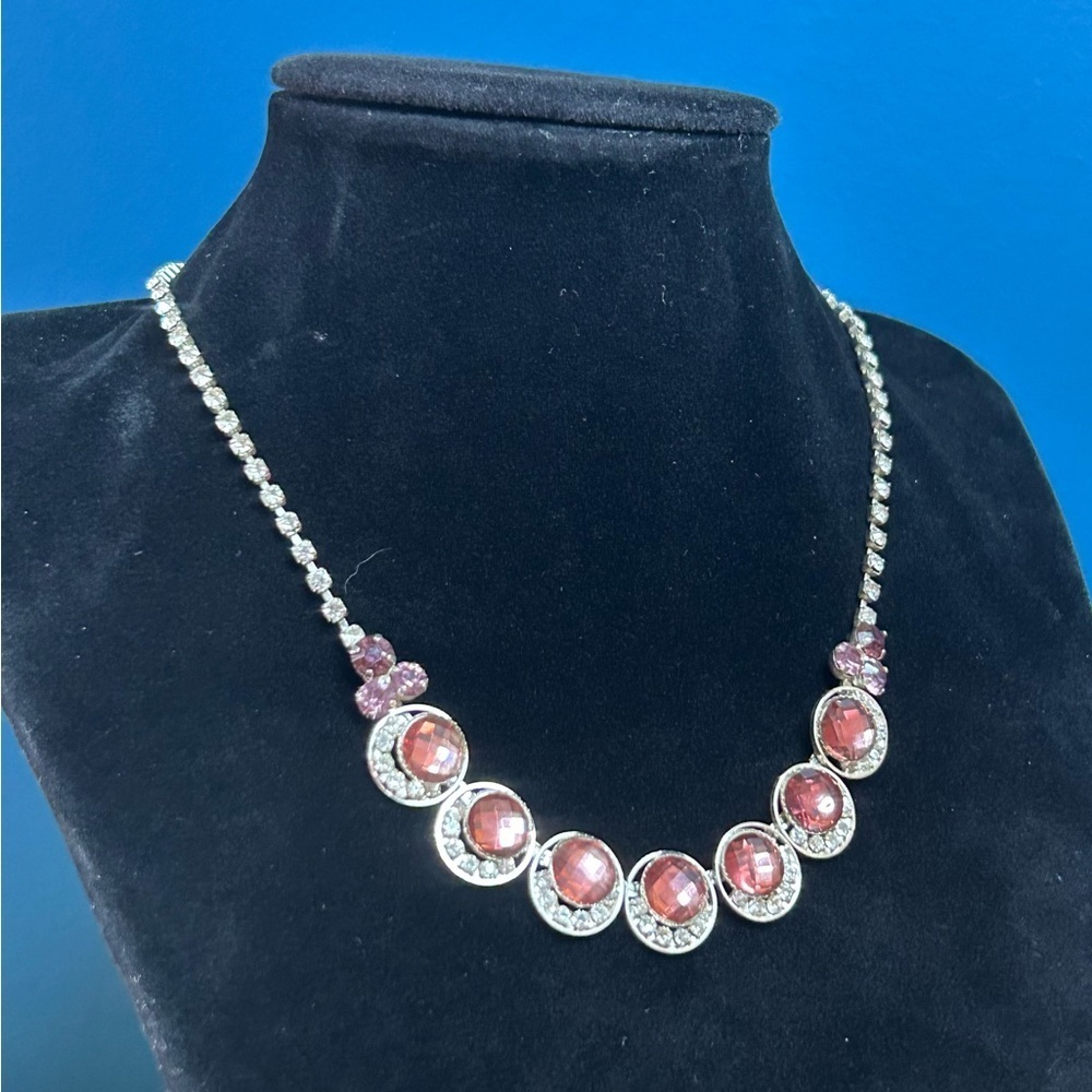Vintage Christine Collection Pink White Rhinestone Silver Toned Fashion Necklace - Picture 10 of 10